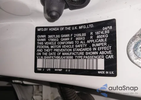 2018 Honda Civic Sport Touring from USA, damaged, VIN SHHFK7H96JU419066